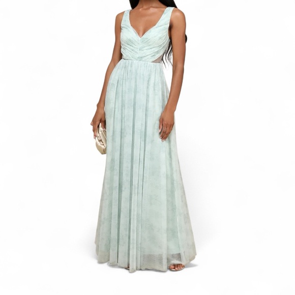 Lulus Dresses & Skirts - Lulus Blissful Poise Sage Green Floral Mesh Pleated Cutout Maxi Dress